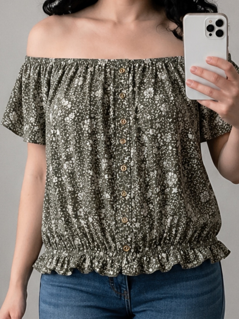 Olive Green Floral Button-Front Blouse